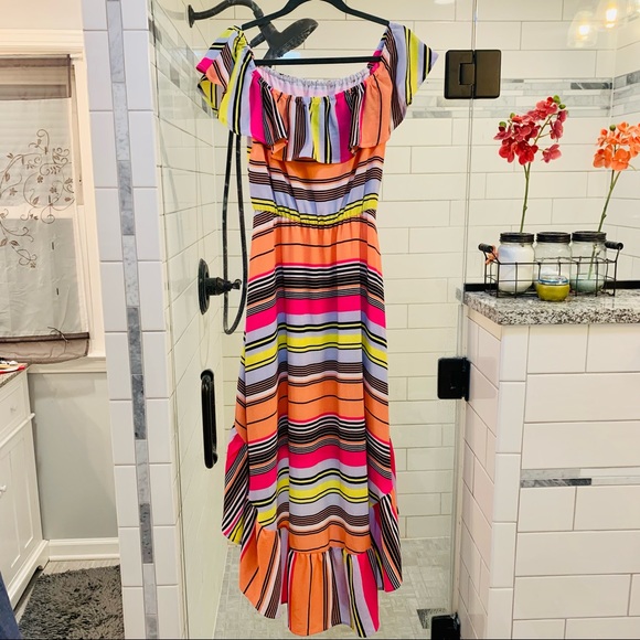 Bright Colorful On/Off Shoulder Party Dress with Ruffled Hem Sz. M - Picture 7 of 16